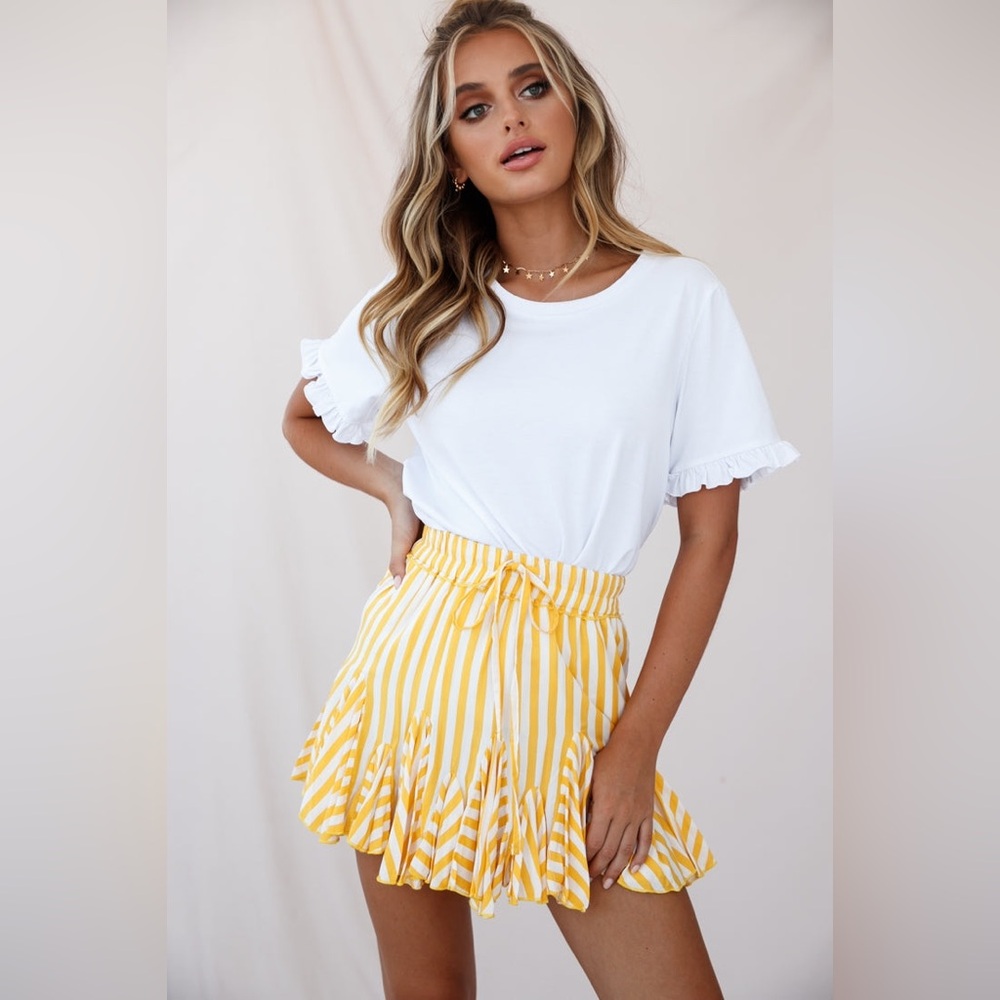 Yellow White Striped Ruffle Mini Skirt Drawstring Summer Skirt Boho Vacation, XS